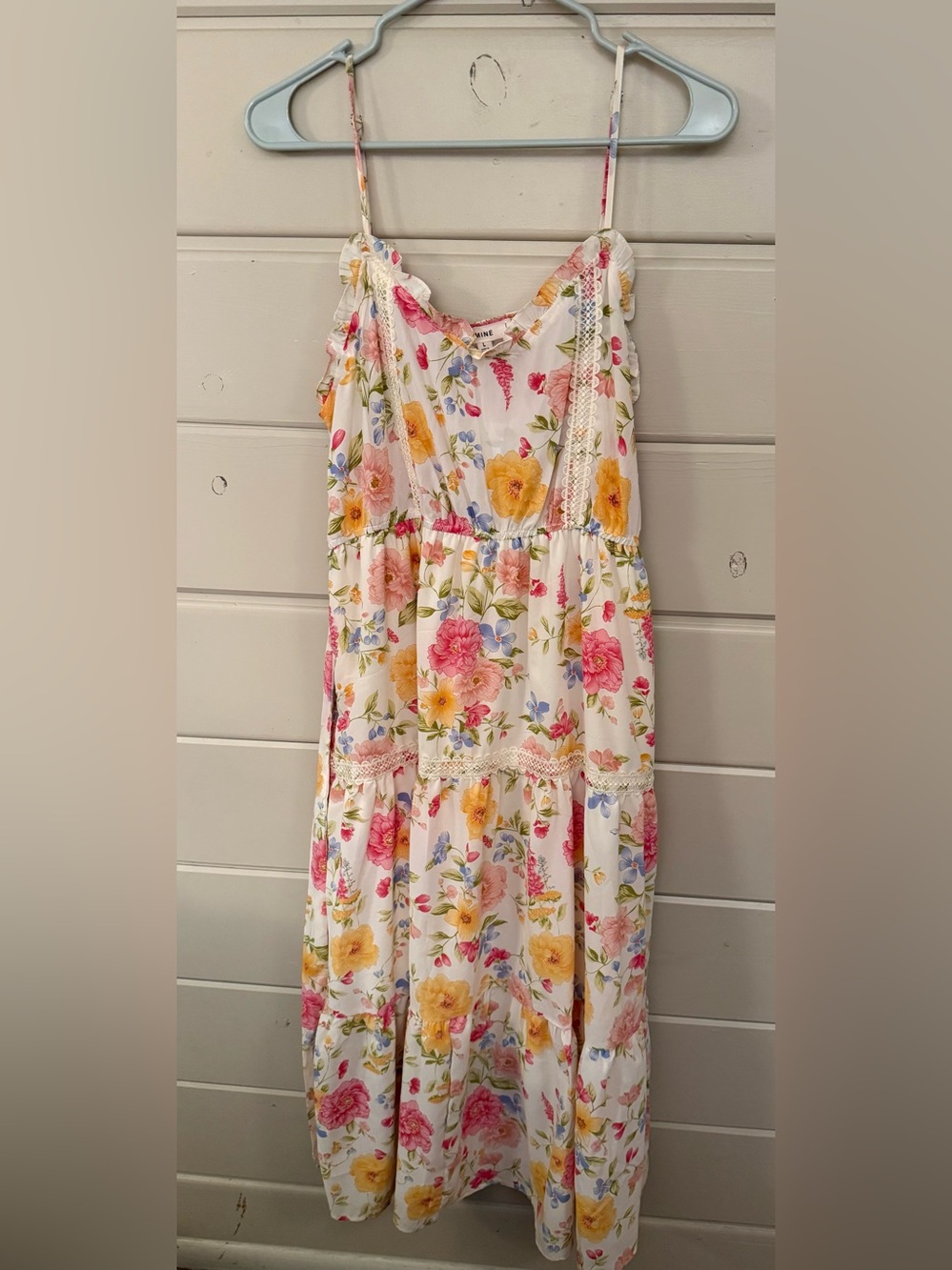 mine Floral Tiered Dress in White with Pink, Yellow & Blue Flowers